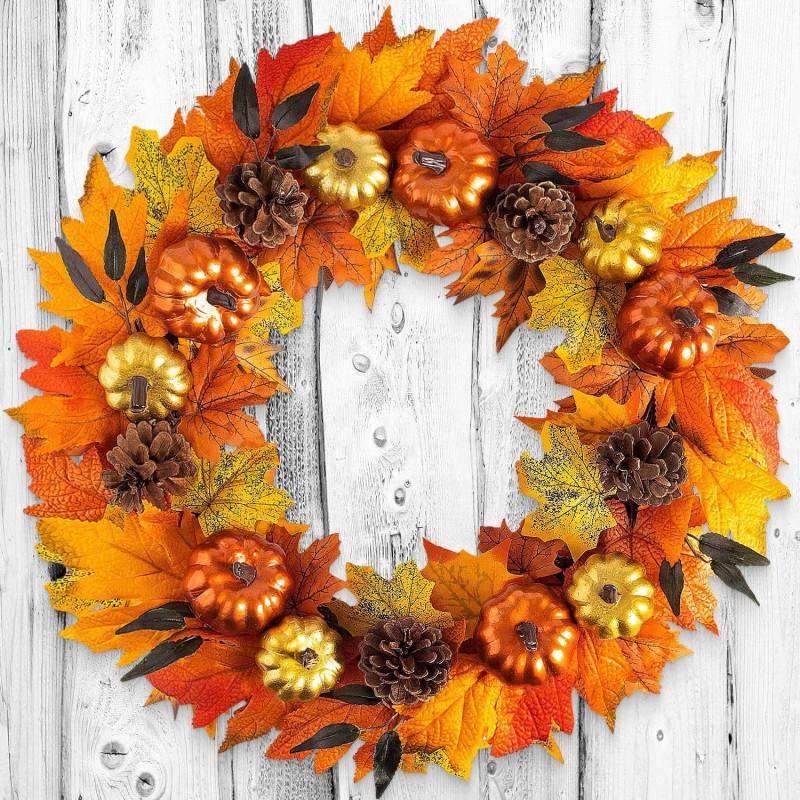 Harvest Wreath With Pumpkins Berries Vine Circle Halloween Thanksgiving Door Decor
