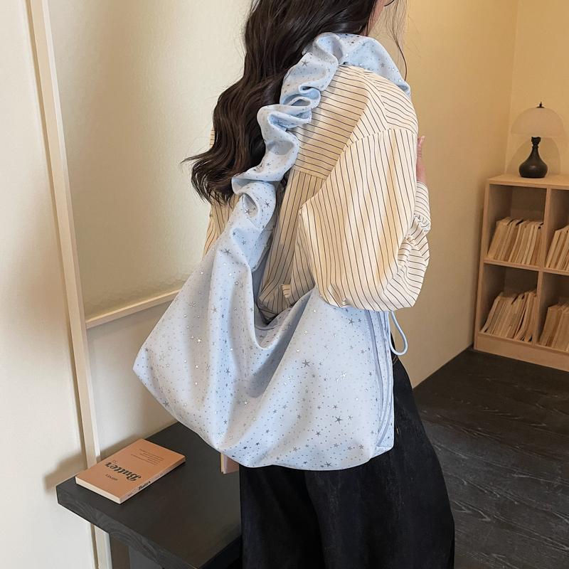 2026 New Gentle Style Star Ruffle Shoulder Bags for Women Larger Capacity Casual Crossbody Bags Student Commute Canvas Tote