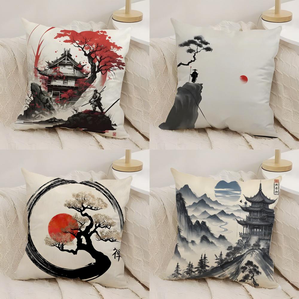 Chinese Ink Painting Style Cushion Cover Silky Short Plush Double-Sided Printed Pillow Case For Sofa All Seasons Home Decor Gift