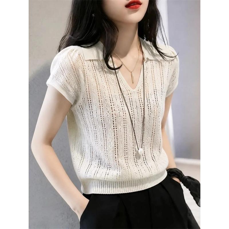 Women s White Hollow-Out Knit Polo Collar Short Sleeve Top M