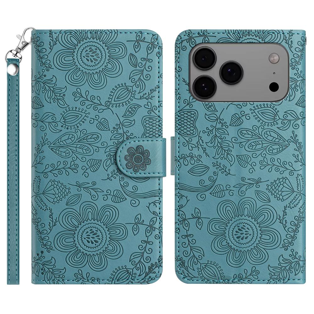 For iPhone 17 Pro Case Flower Imprint Leather Flip Wallet Phone Cover with Wrist Strap