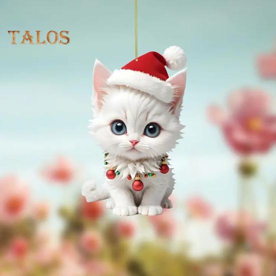 Cat Kitten Pendant with Hat Car Rearview Mirror Hanging Ornament Decor Acrylic Cartoon Car Interior Decoration Christmas Gift