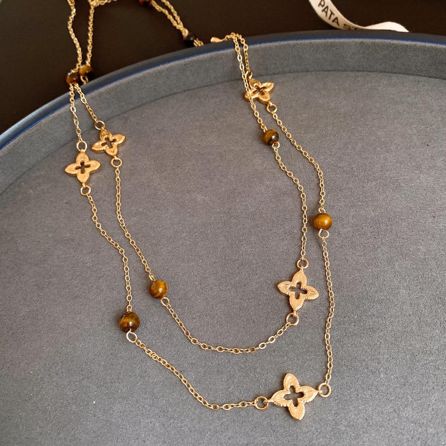 Retro simple double-layer tiger s eye stone beaded flower necklace accessories women s sweater chain necklace
