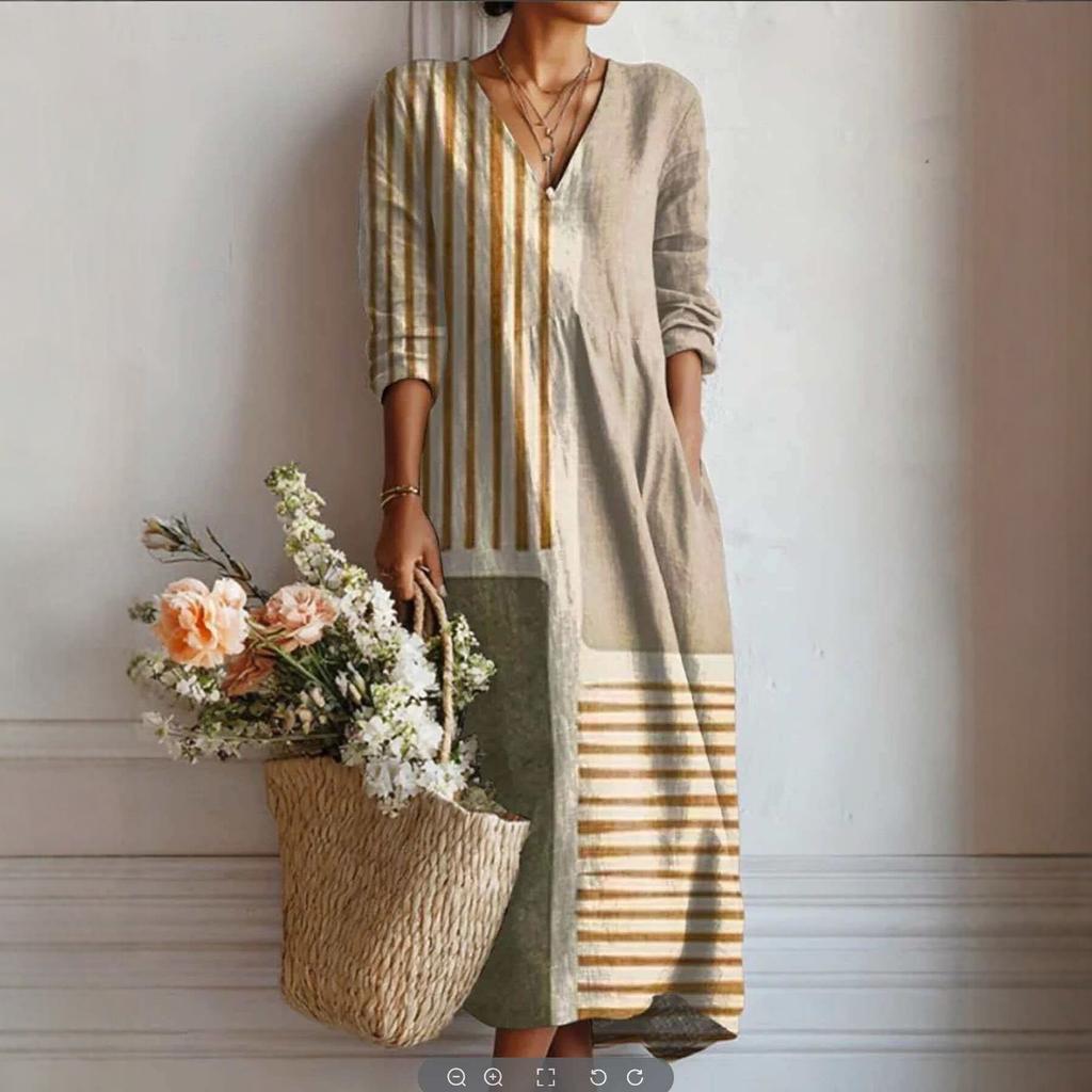 Abito Midi da Donna con Scollo a V, Stampa Floreale Grande, Manica Lunga, Vestibilità Larga, Stile Boemo, Casual, Vestito Estivo da Spiaggia con Tasche