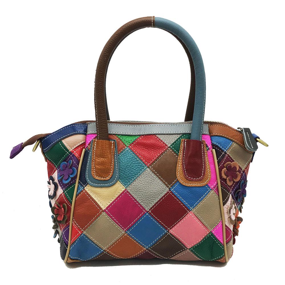 Ledertasche Damentasche Lässige Retro Bunte Kontrastierende Blumen Spleißen Schulter Crossbody Handtasche