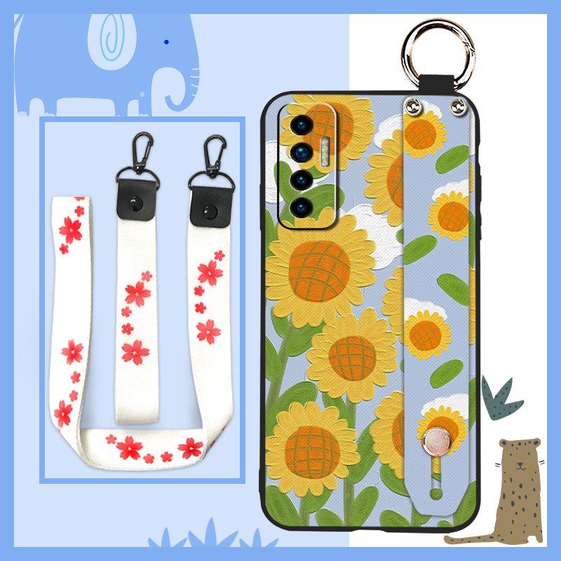 Durable Ring Phone Case For Tecno Camon17P Phone Holder Silicone Waterproof Dirt-resistant Flower Oil Painting Lanyard