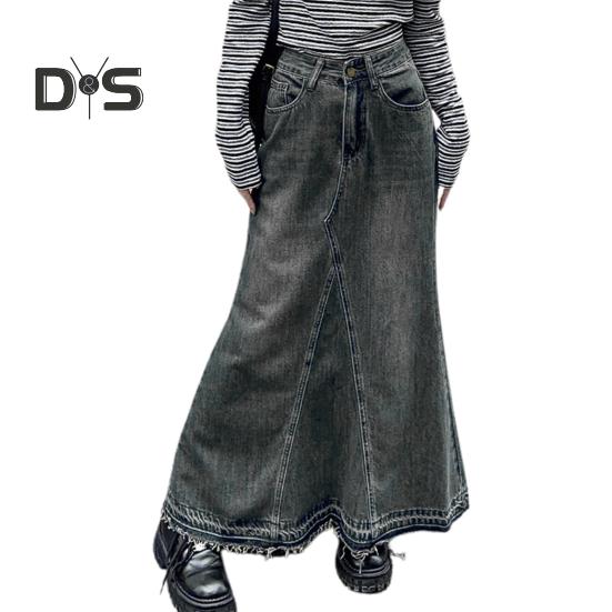 

Женская юбка А-силуэта, джинсовая ретро-юбка с карманами в стиле пэчворк, однотонная, с высокой талией, застежкой-молнией, длиной до щиколотки, с рваными краями, женская макси-юбка 4XL синий