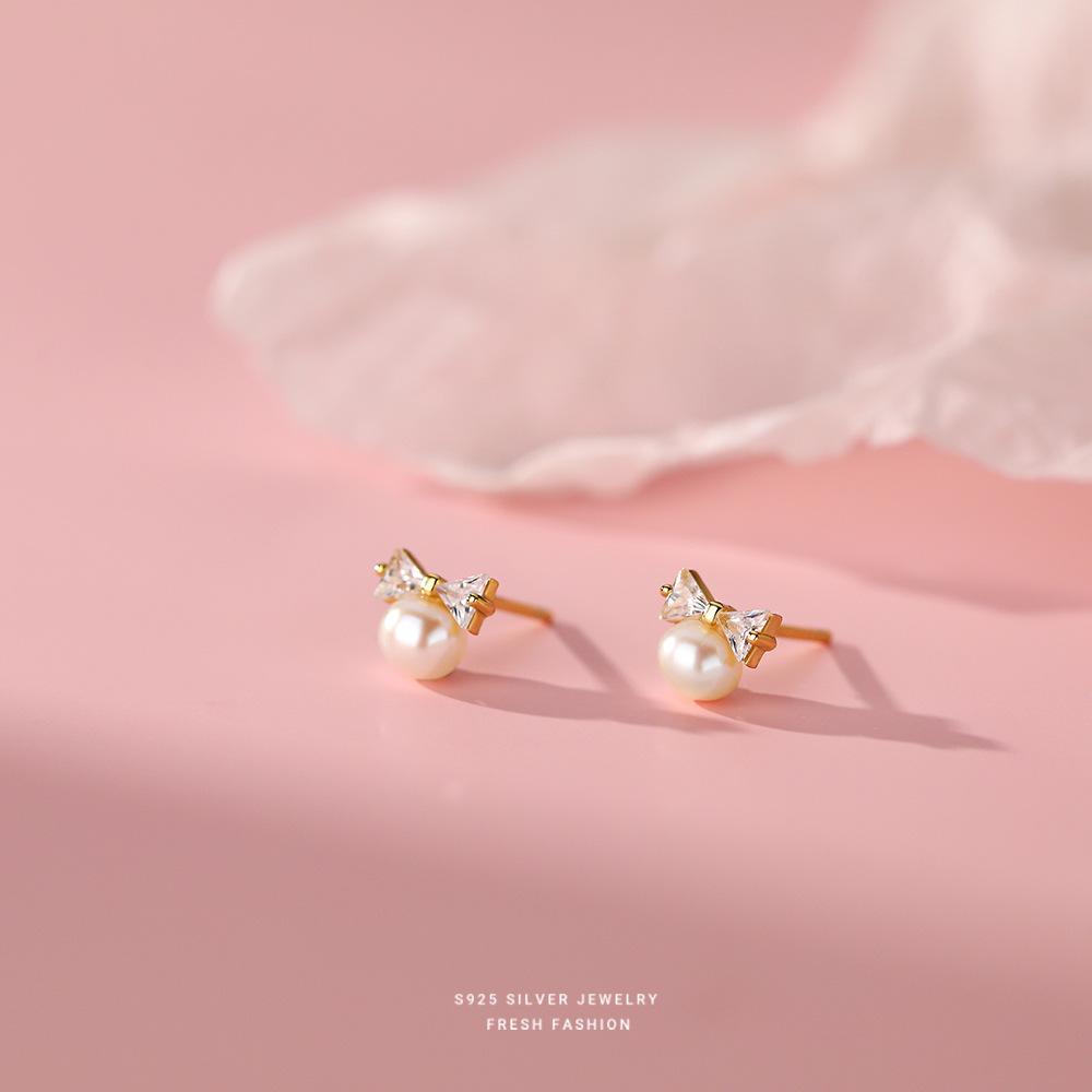 Korea Exquisite Vintage Zircon Pearl Bow Sweet Stud Earrings for Women 925 Sterling Silver Jewelry золотой