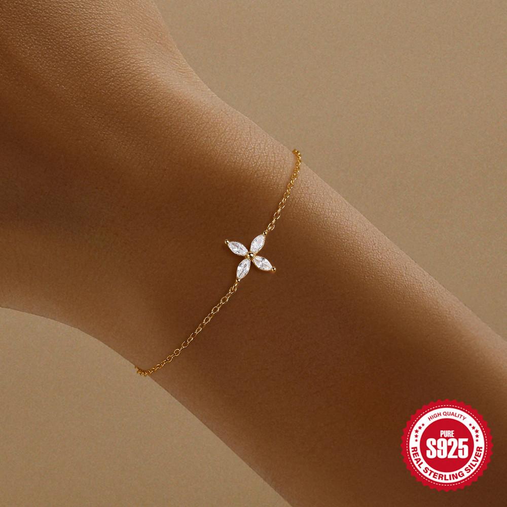 Simple S925 Sterling Silver Daily Wear Four-Leaf Petal Bracelet Women'S Versatile Jewelry Bracelet