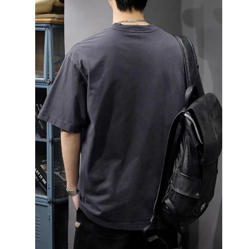 Men's Vintage Washed Cotton T-Shirt - Retro Heavyweight, Ribbed Neckline, Short Sleeve, Loose Fit