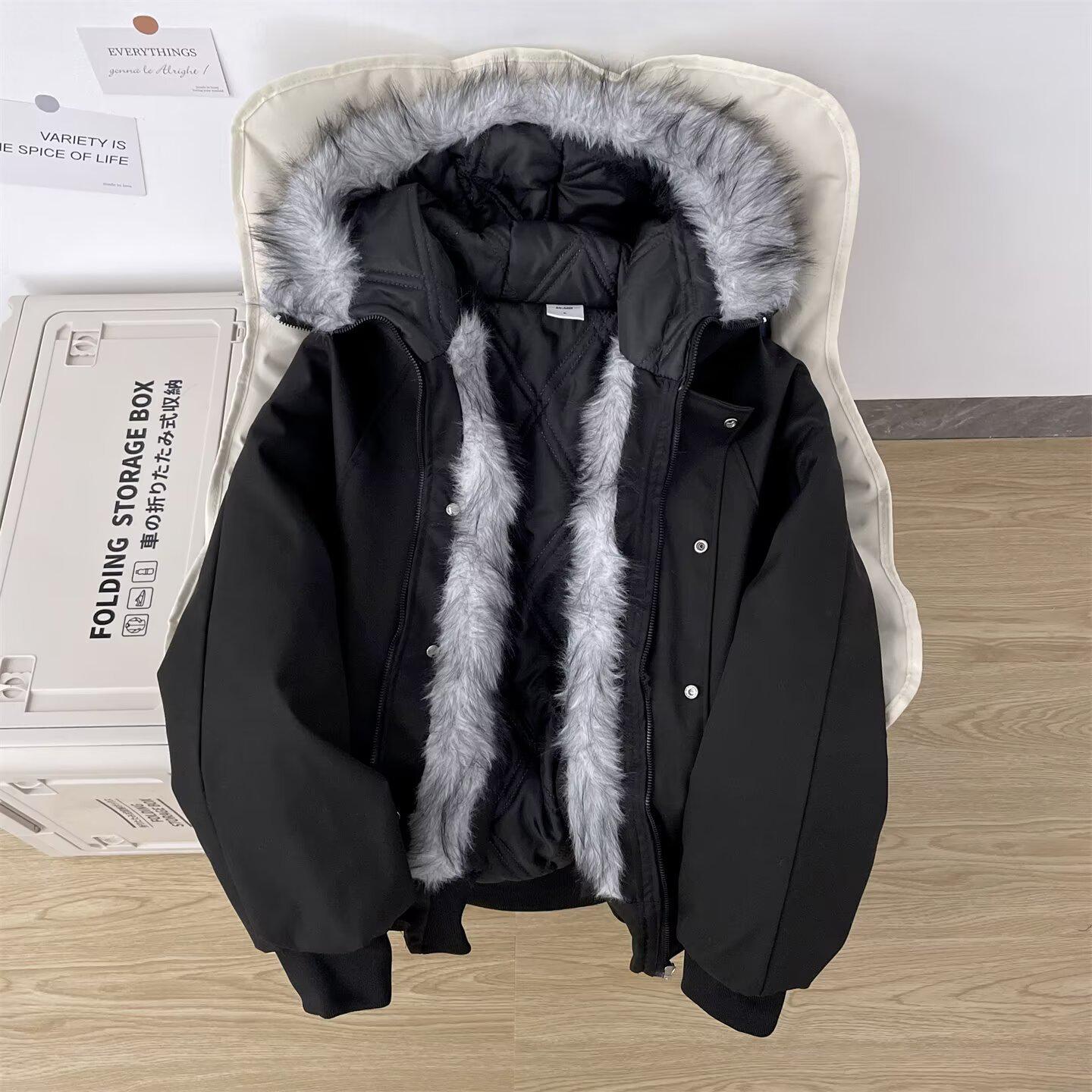 Унисекс зимняя ретро утолщенная хлопковая куртка с большим меховым воротником и капюшоном M чёрный