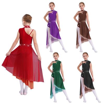 Girls Performance Leotard Sleeveless Cutout Back Design Asymmetrical Sheer Mesh Skirted Lyrical Dance Costume