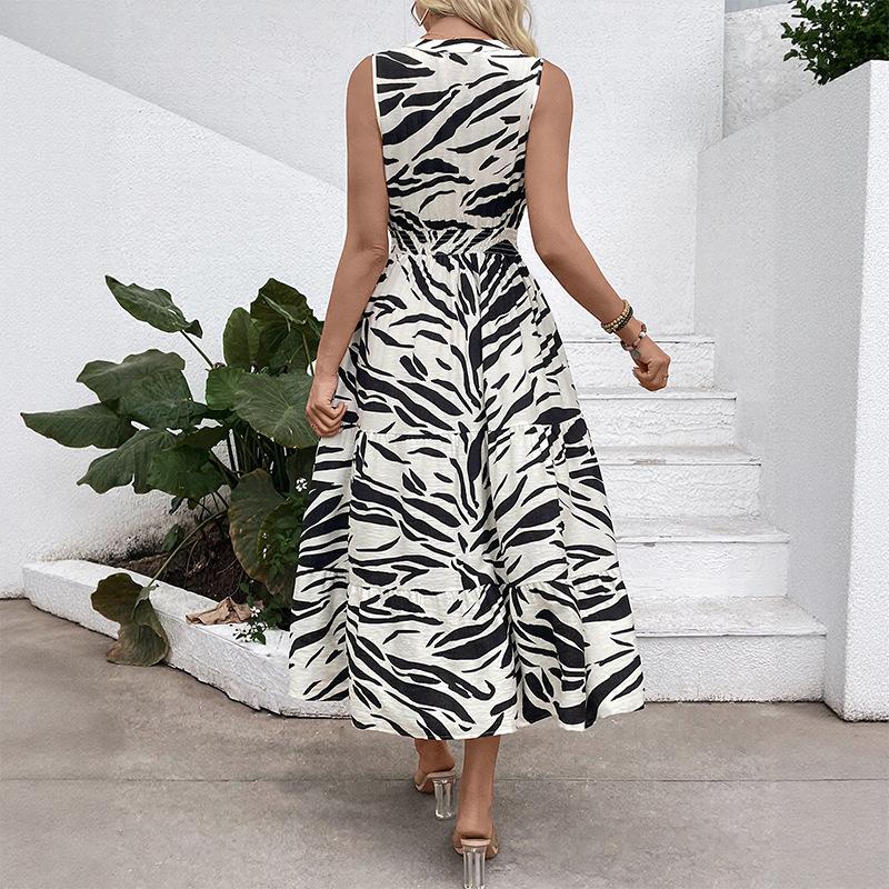 VEZFAA Women's Fashion Summer Spring Zebra Print Sleeveless V-Neck High Waist Casual Dresses