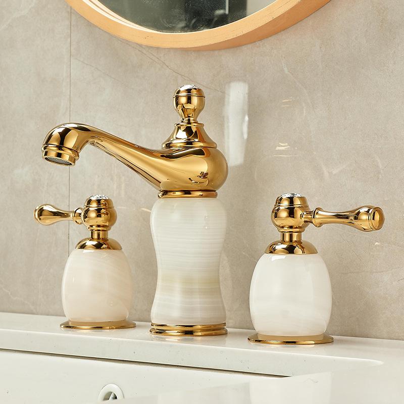 Basin Faucet Gold Brass Jade Bathroom Sink Faucet 3 Hole Widespread Basin Mixer Double Handle Hot And Cold Water Tap New Arrival