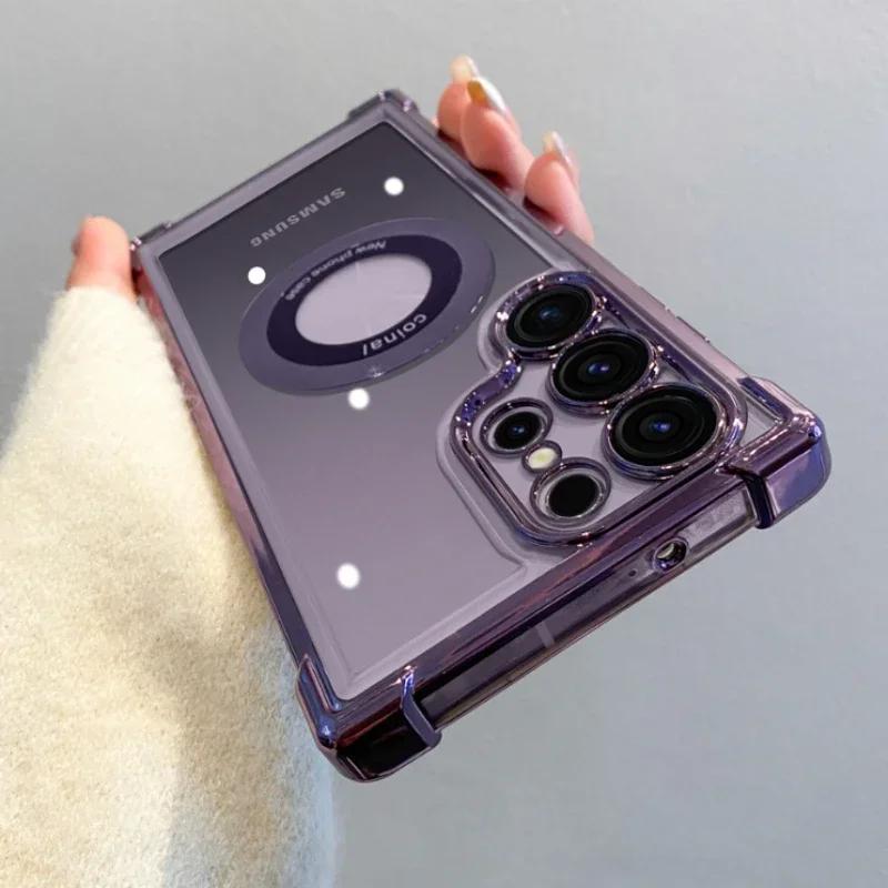 Luxusní pokovený magnetický průhledný kryt pro Samsung Galaxy S25 S24 Ultra S23 FE S22 Plus S21 Note 20 Nárazuvzdorný kryt s ochranou objektivu