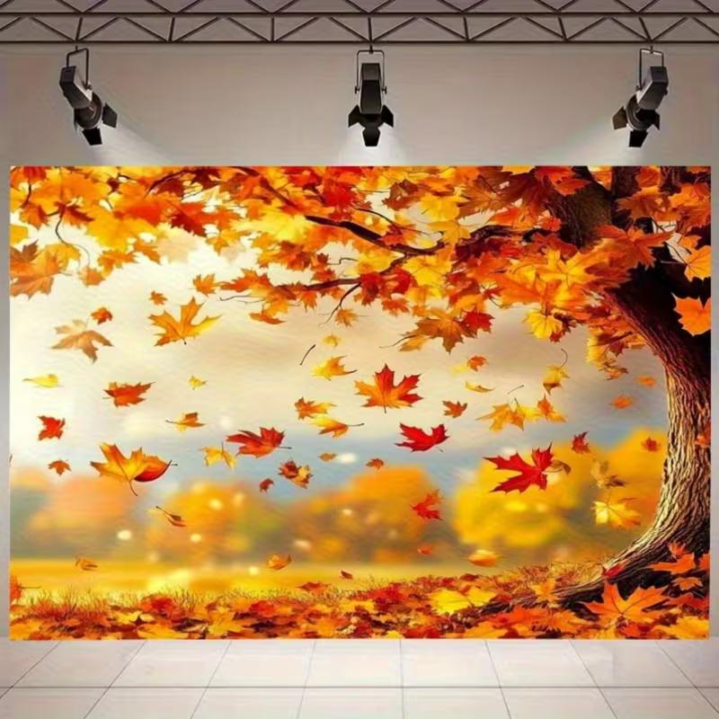 2D Nature Autumn Tapestry, Falling Red & Orange Maple Leaves Wall Cloth