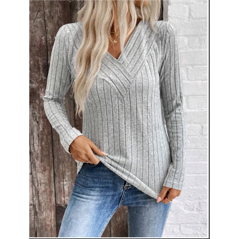 Womens V-Neck Long Sleeve Knit Top Casual Pullover Sweater Soft Comfort Fit Regular Cut