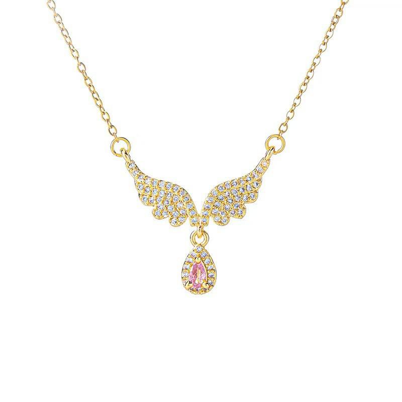 Europäische High-End Rosa Wassertropfen Quasten Halskette mit Engelsflügel Anhänger - Eleganter Damen Mode Choker