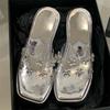 Eilyken Summer CRYSTAL Flower PVC Transparent Women Slippers Solid Platform Wedges Heels Square Toe Sandals Shoes