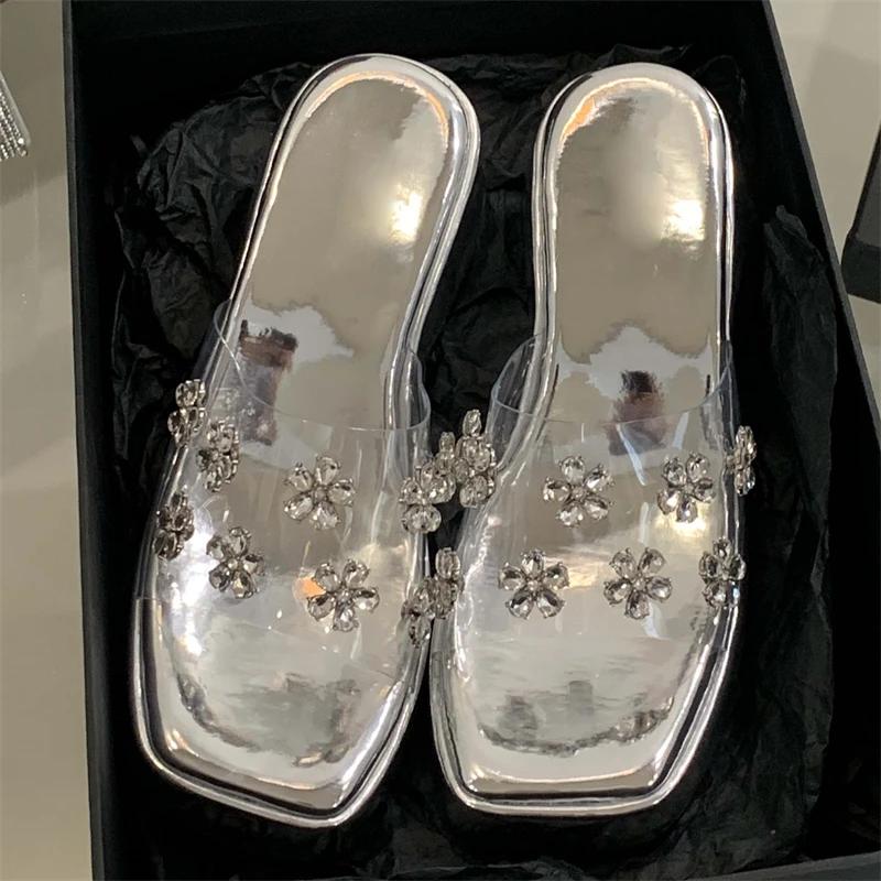 Eilyken Summer CRYSTAL Flower PVC Transparent Women Slippers Solid Platform Wedges Heels Square Toe Sandals Shoes