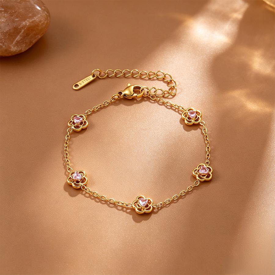 Luxury Rhinestone Titanium Steel Bracelet Set: Four-Leaf Clover & Heart Rhombus Versatile Women's Jewelry