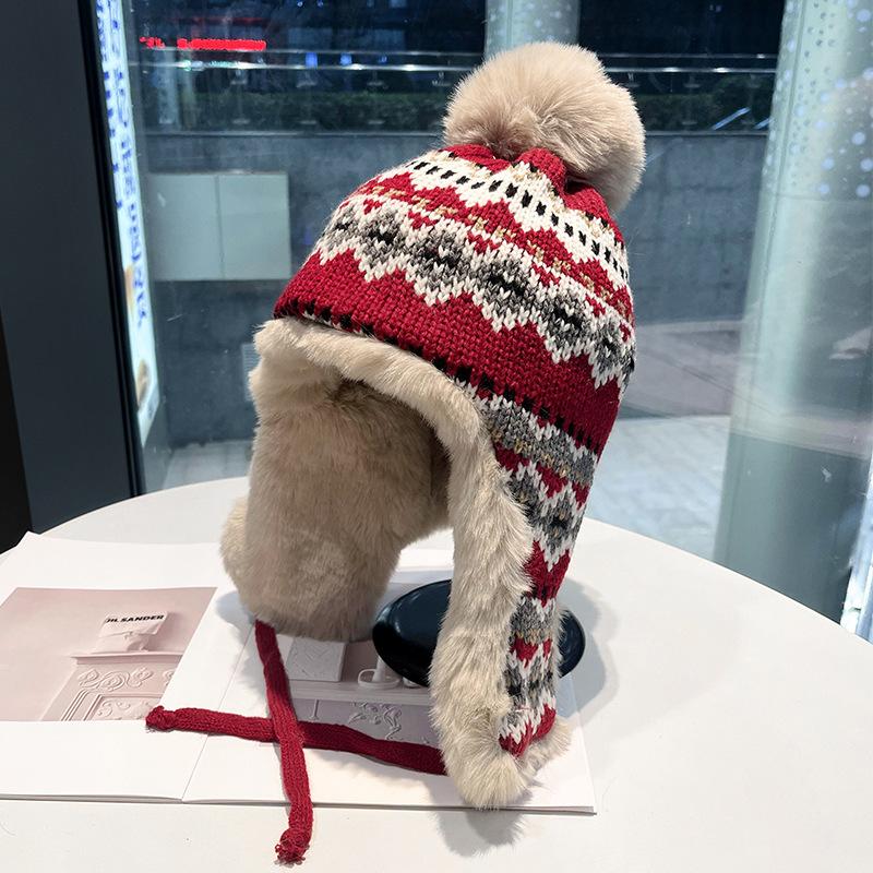 Northeast Cycling Ear Protection Wool Hat Women's Winter Plush Jacquard Knitted Lei Feng Hat Thickened Warm Bag Head Hat