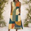 Women Plus Size Round Neck Sleeveless Blue Yellow Geometric Printed A Line Long Dress With Side Pockets