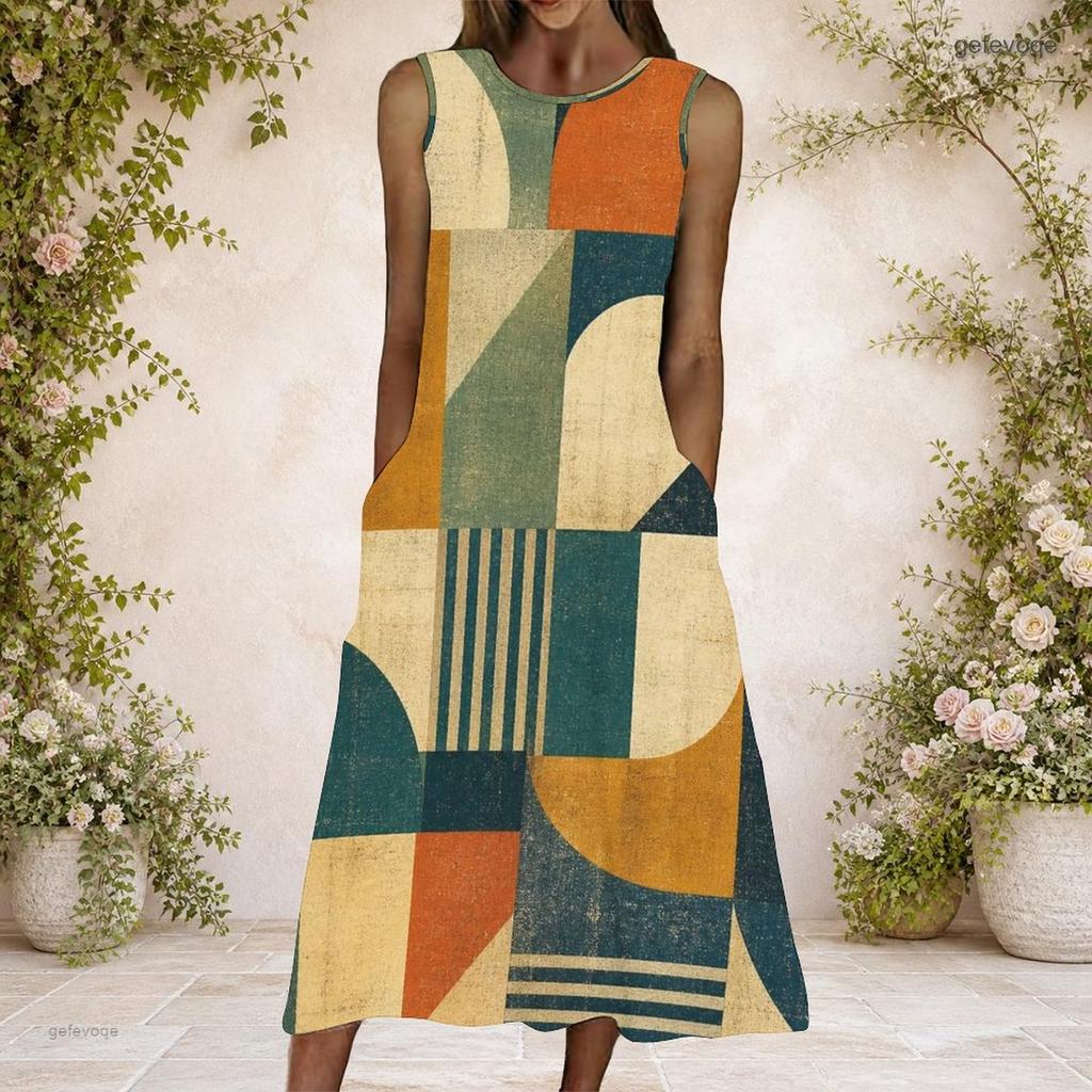 Women Plus Size Round Neck Sleeveless Blue Yellow Geometric Printed A Line Long Dress With Side Pockets