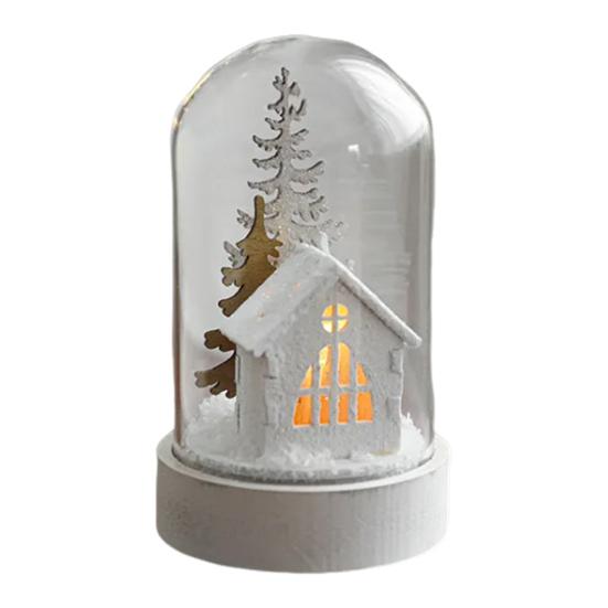 Christmas Dome Glass Ornament LED Light Up Reindeer Christmas Tree Little Church in Cloche Tabletop Decoration for Indoor Room Desktop Decor