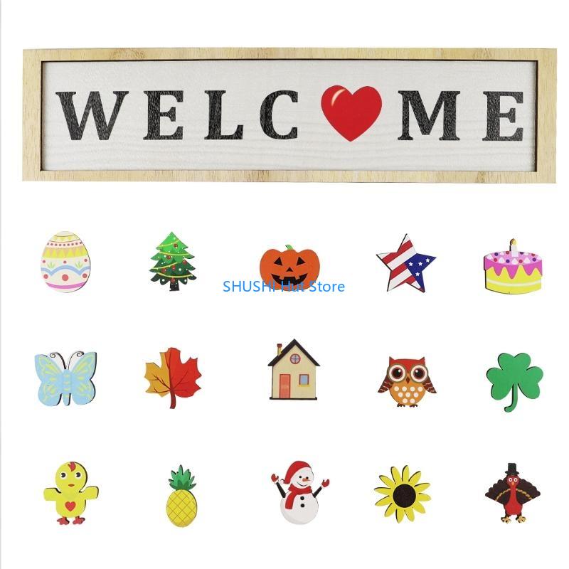 

Interchangeable Front Door Greeting Sign with 15 Changeable Icons Rustic Wooden Porch Hanger for Farmhouse Home Decor D57B China Mainland