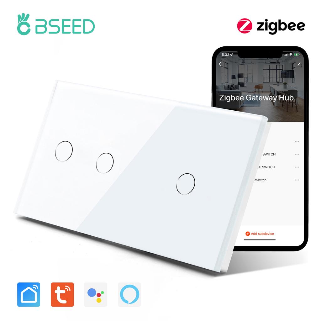 BSEED Zigbee 1/2/3Gang Touch Light Switches Tuya Smart Life App Control With Normal UK Standard Power Sockets 13A Glass Panel