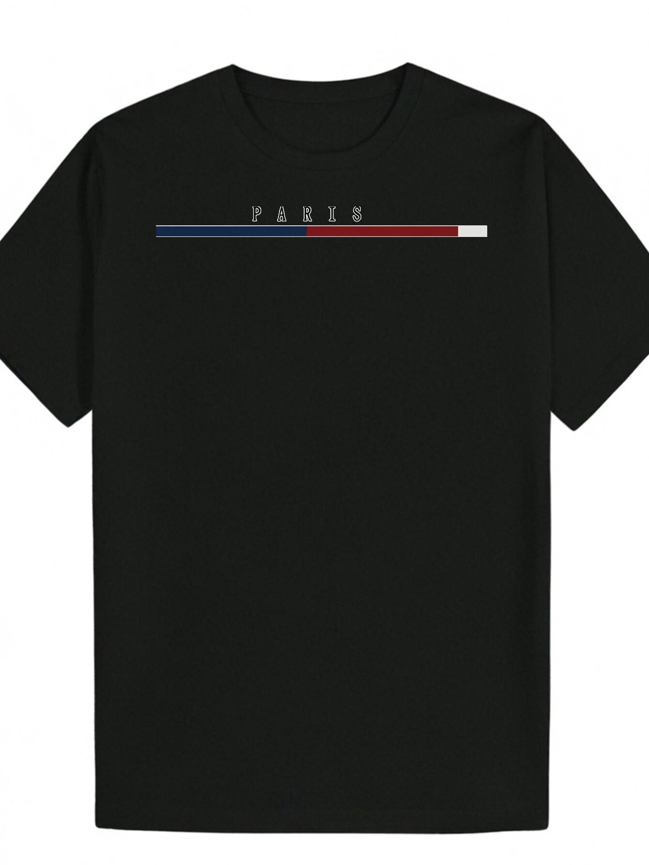 Crew Neck Polyester T-shirt with Paris Letter Print L