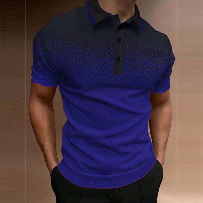 Summer Lapel 3D Gradient Pattern Print Top Fashionable Casual Button Short Sleeved Men's Polo T-shirts