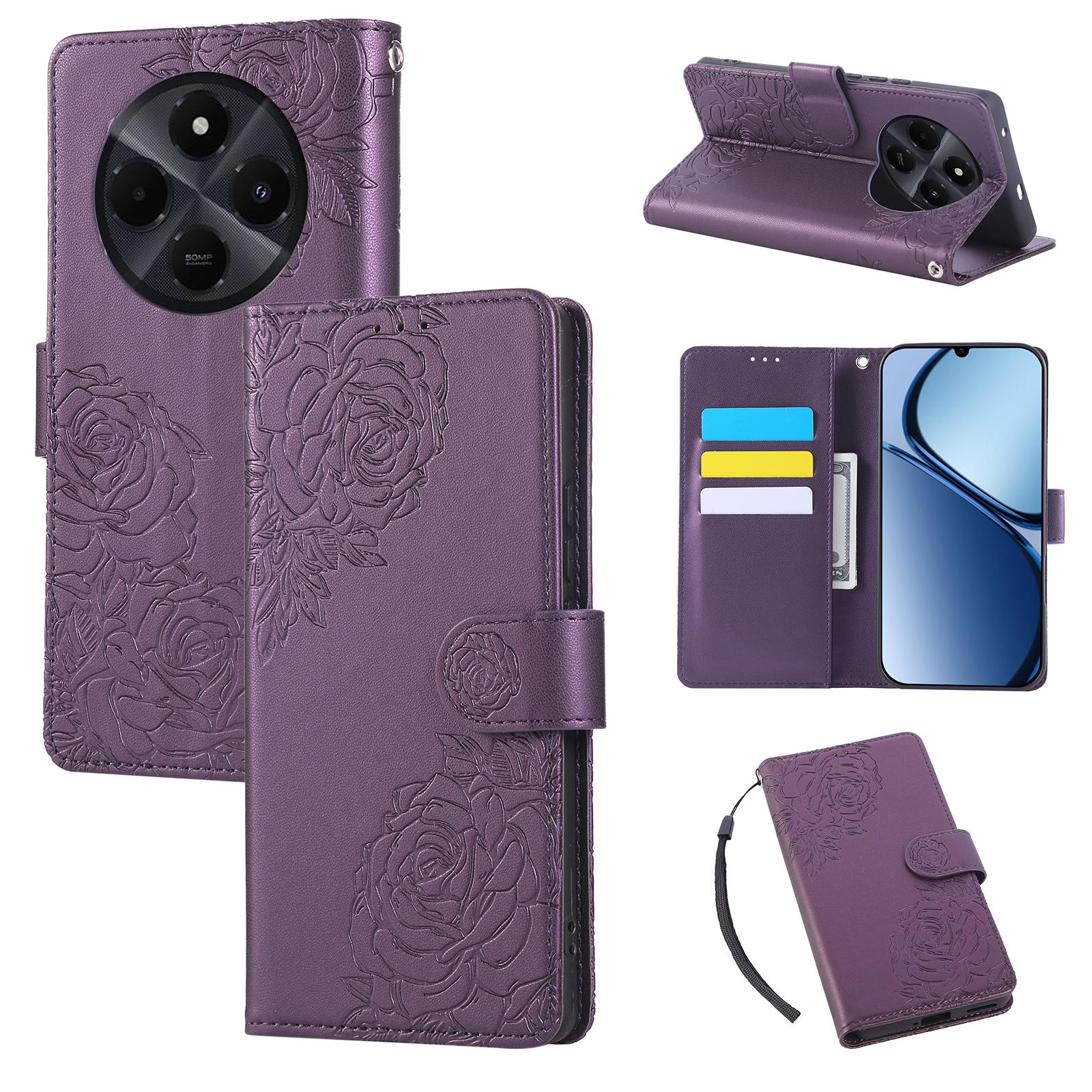 

For Xiaomi Redmi 14C 4G/14R 5G/Poco C75 4G Case Rose Flower PU Leather Wallet Phone Cover with 3 Card Slots Dark Purple