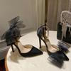 Summer Fashion Luxury Women 11cm High Heels Satin Sandals Lady Fetish Blcak Buttefly Bow Stiletto Sandles Prom Party Shoes