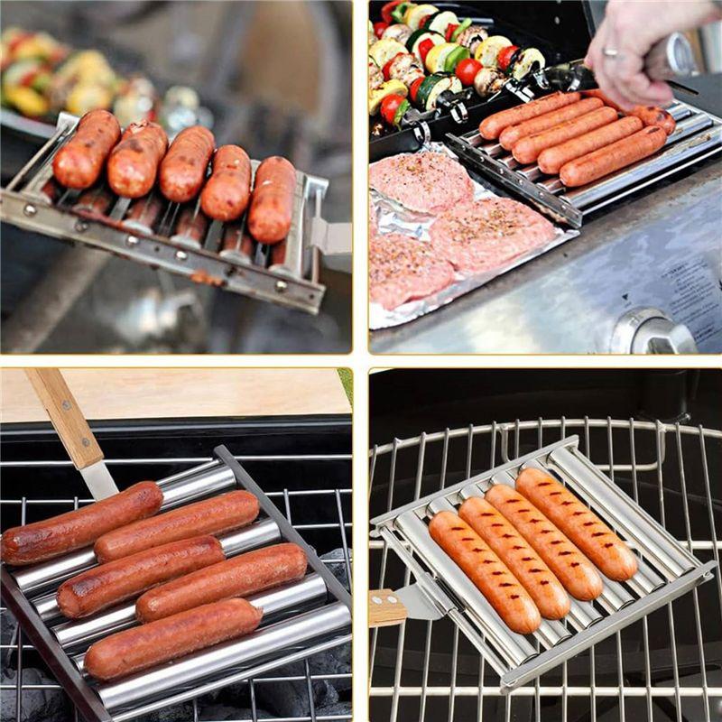 ABUL-Hot Dog Roller Stainless Steel Sausage Roller Rack With Wood Handle, BBQ Hot Dog Griller For Evenly Cooked Hot Dog