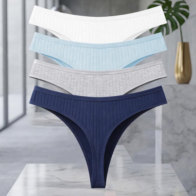 FINETOO 4Pcs/Set Cotton Ribbed Thongs For Women Seamless Solid Color High Quality Underwear Ladies Cozy Breathable Sexy G-String