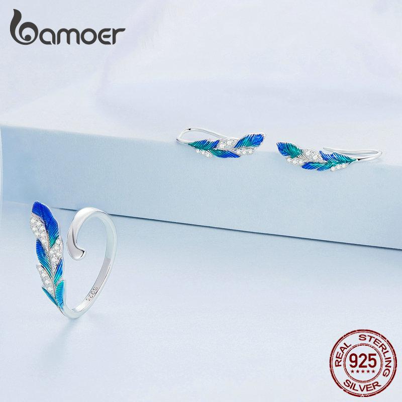 

BAMOER, стерлинговое серебро 925 пробы, ослепительное голубое перо, открытое кольцо и серьги, комплект ювелирных изделий, оправа с цирконием для женщин, шикарные изящные ювелирные изделия 925 silver