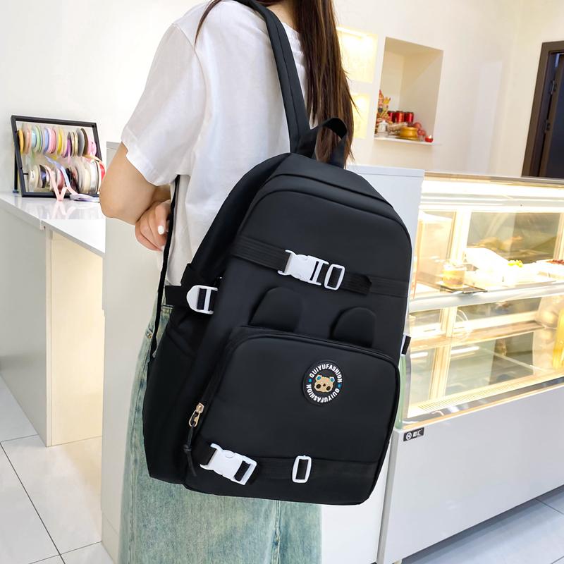 Elementary Solid Color School Bag Girls Large Capacity Canvas Backpack Set College Style Backpack