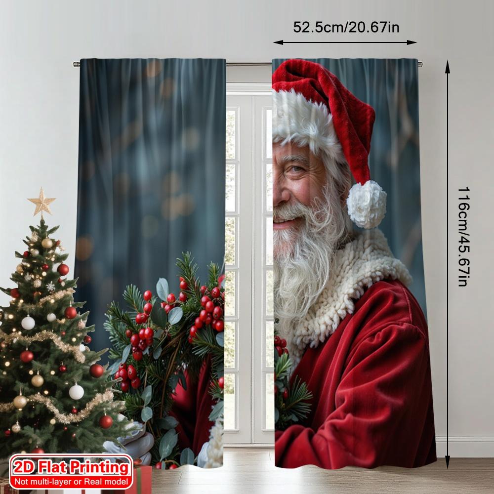 2pcs 2D Flat Printing Merry Christmas Window Drapes Santa Claus Holly Wreath Festive Christmas Fabric Without Electricity