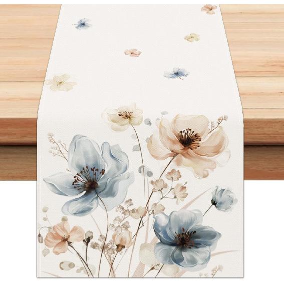 Bonhause Watercolor Floral Table Runner 13x72 Inch Lilac Purple Brown Flowers Seasonal Summer Kitchen Dinning Table Decoration for Indoor Outdoor 13 W x 72 L синий