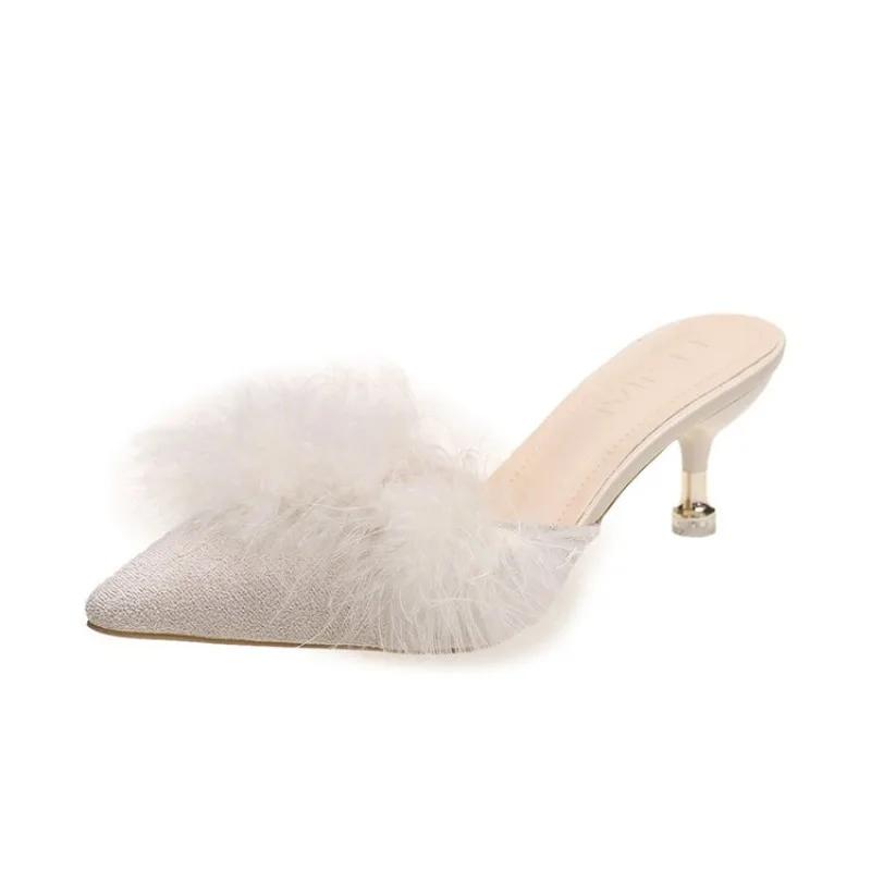 Téli női papucs, meleg szandál, hétköznapi közepes sarkú magassarkú, új hegyes orrú plüss cipő, plus size 42