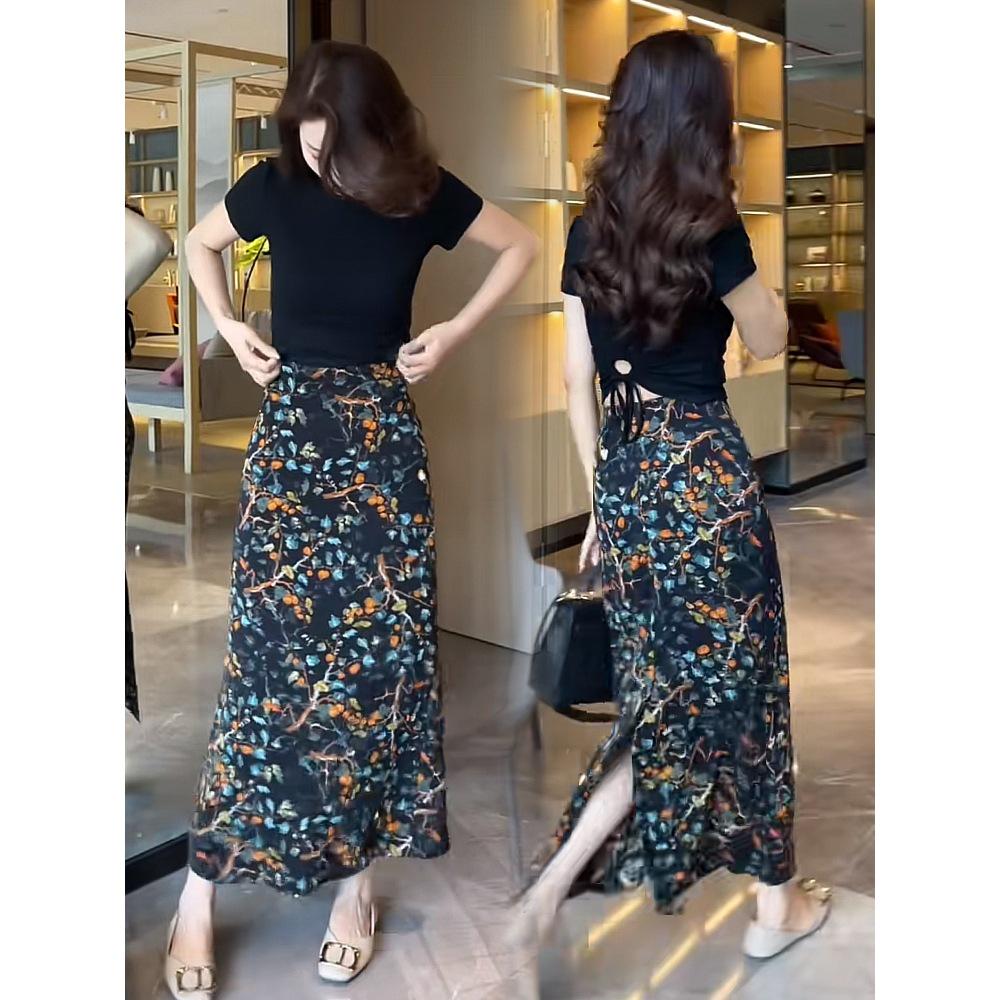 Fustă Midi Florală Retro pentru Femei: Calitate înaltă, Lux ușor, Talie înaltă subțiatoare, Design bodycon de vară cu șliț.