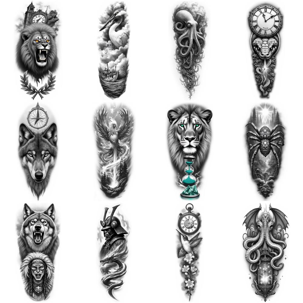 12pcs Temporary Tattoo Waterproof Long-lasting Body Stickers Knight Dragon Peacock For Thigh Male Arm