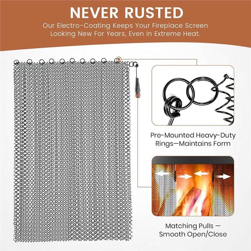 A25F-Fireplace Screen Mesh 20X19in Fireplace Mesh Cuntain For Fire Stove Spark Guard,Hearth Metal Replacement Hanging Curtain
