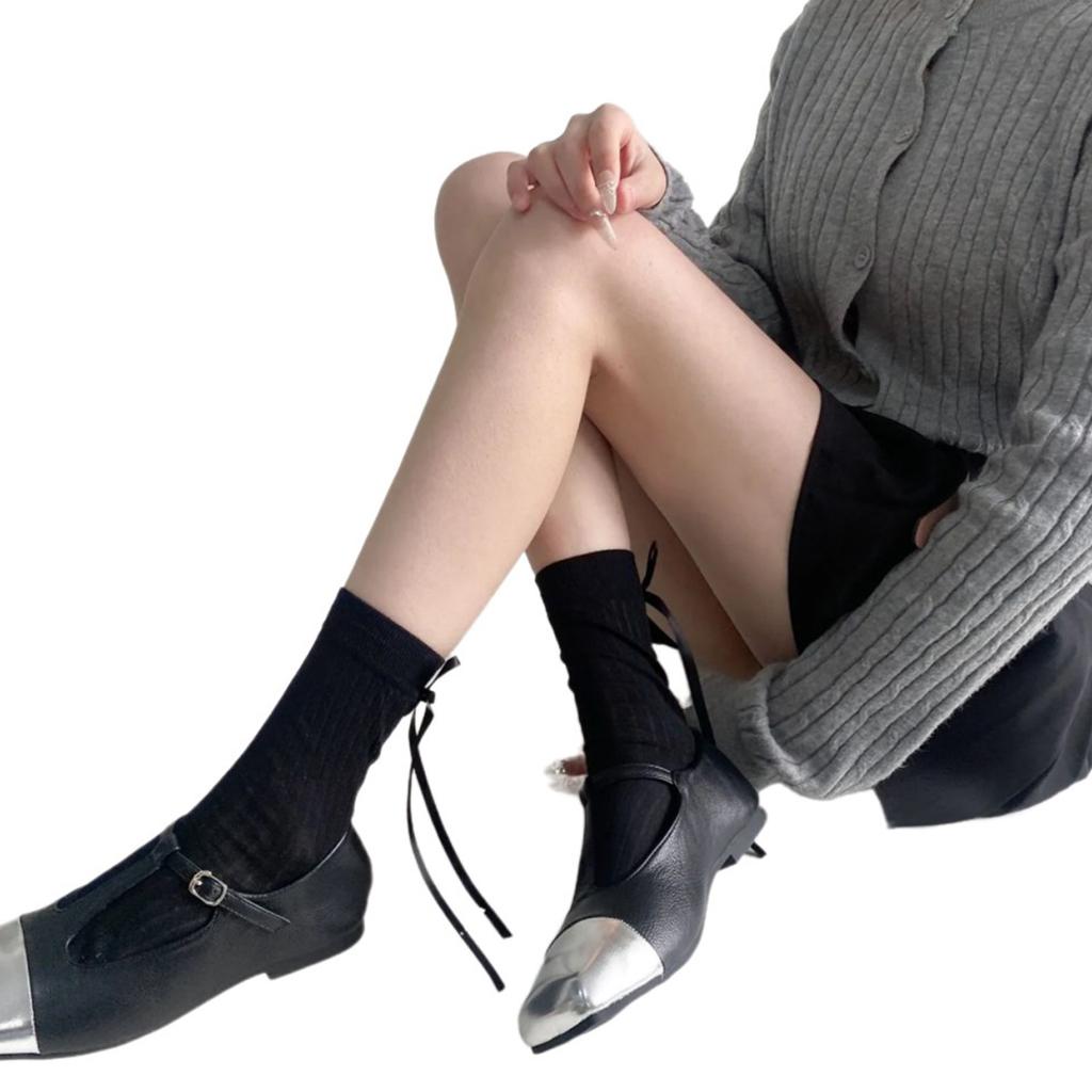 Solid Color Middle Tube Cotton Socks Women Cute Ribbon Bowknot Back Calf Socks