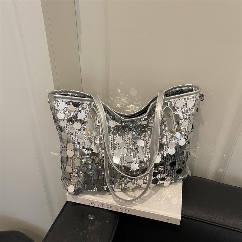 

Сумка-тоут с пайетками женская нишевая ретро зарубежный стиль портативная сумка на плечо большой вместимости модная сумка-подмышка для поездок на работу серебряный