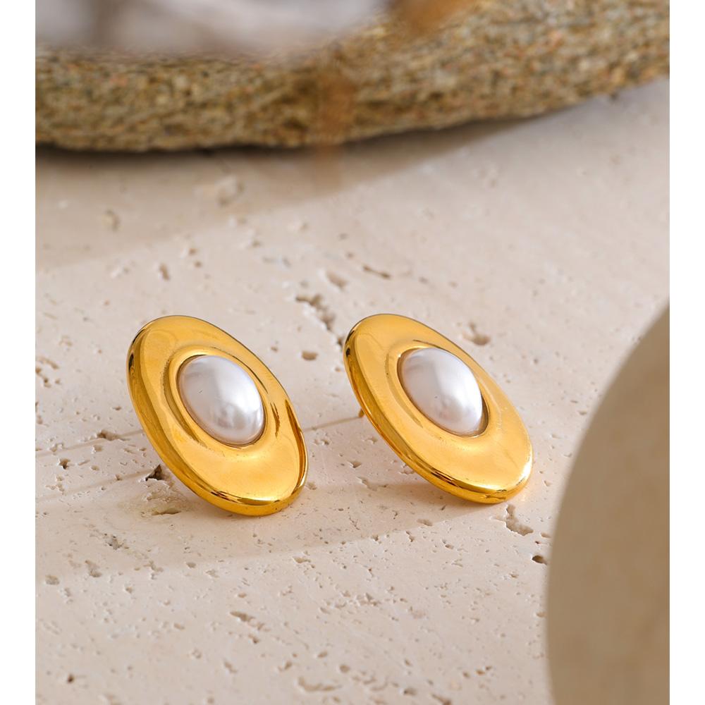 Yhpup Elegance Simulated Pearls Oval Stud Earrings for Women Gold Color Stainless Steel Trendy Fashion Jewelry Accessories Gift