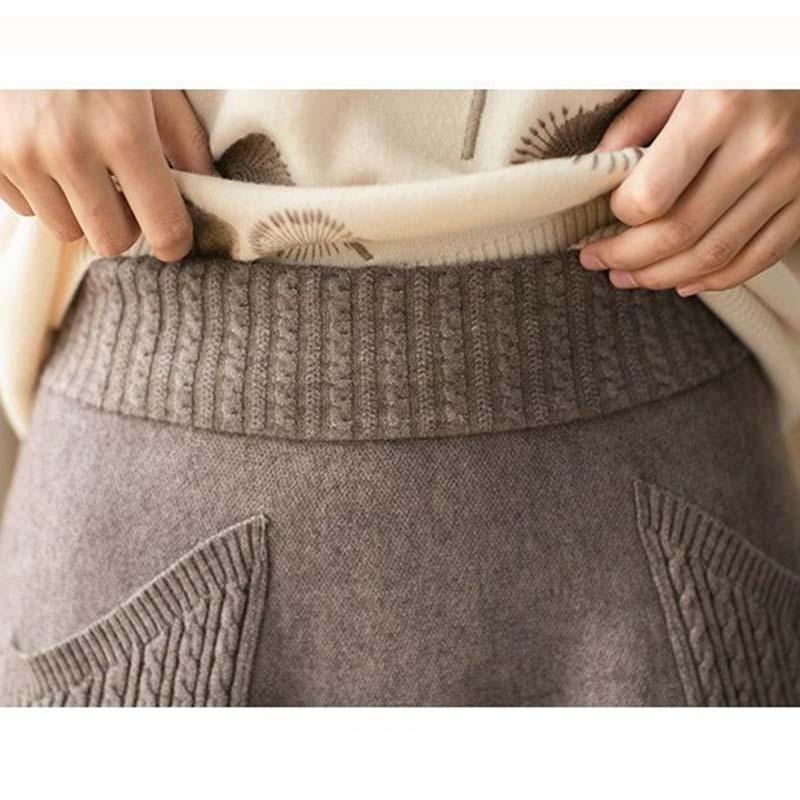 Women Fall Winter Medium Length Elastic High Waist Knitted Skirt Thick Soft Warm Solid Color Loose Big Swing Pocket A-line Skirts