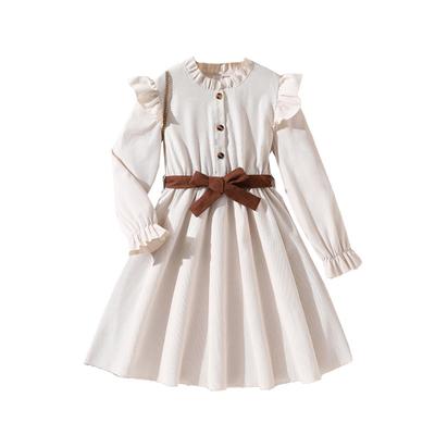 Girls' Dress Autumn Winter New Children's Ruffled Long Sleeve Bowknot British Style Corduroy Cute Princess Dress